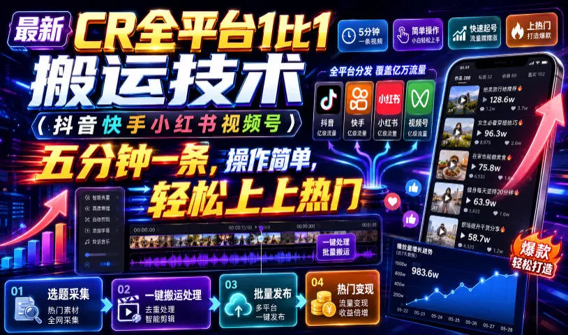 最新CR全平台1比1搬运技术(抖音快手小红书视频号)五分钟分钟一条,操作简单,轻松上热门(教程+软件+参数)-云析科技