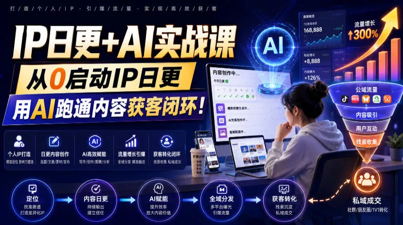 IP日更+AI实战课，从0启动IP日更，IP置顶视频制作+100条选题库搭建+10条日更规划，用AI跑通内容获客闭环!-云析科技