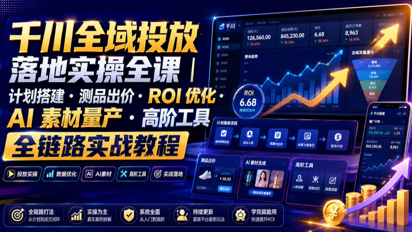 千川全域投放落地实操全课｜计划搭建・测品出价・ROI优化・AI素材量产・高阶工具全链路实战教程-云析科技