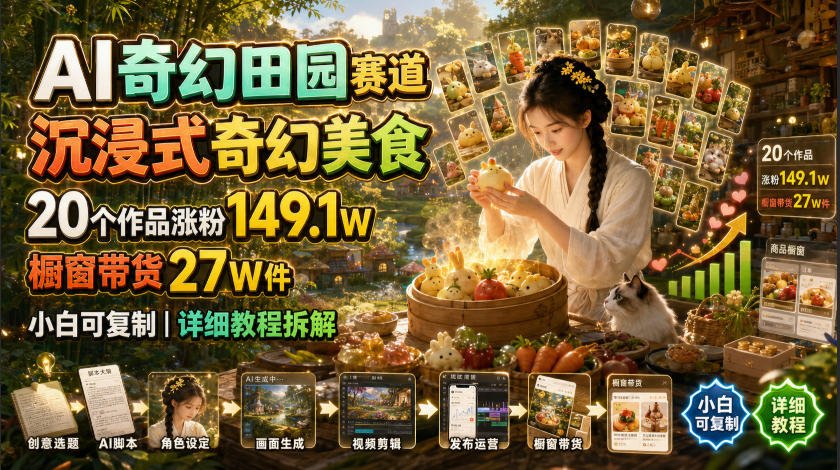 AI奇幻田园赛道，沉浸式奇幻美食，20个作品涨粉149.1W，橱窗带货27W件，小白可复制，详细教程拆解-云析科技