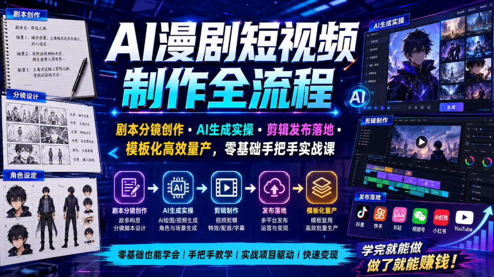 AI漫剧短视频制作全流程｜剧本分镜创作・AI生成实操・剪辑发布落地・模板化高效量产，零基础手把手实战课-云析科技