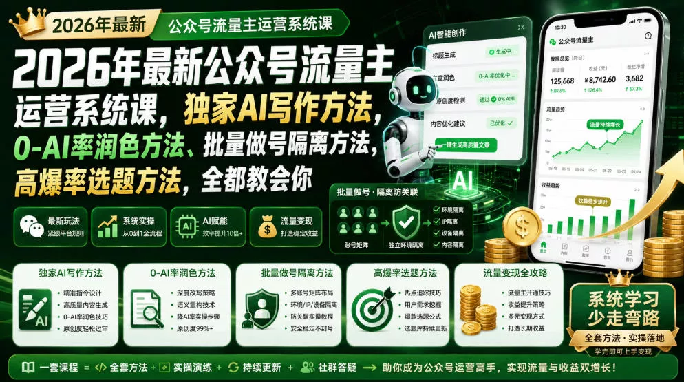 2026年最新公众号流量主运营系统课，独家AI写作方法，0-AI率润色方法、批量做号隔离方法、高爆率选题方法，全都教会你-云析科技