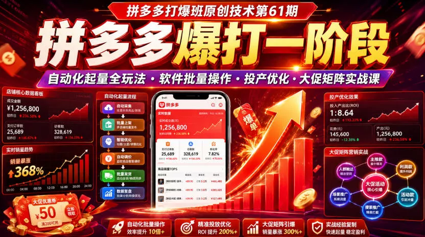 拼多多打爆班原创技术第61期，拼多多爆打一阶段，自动化起量全玩法・软件批量操作・投产优化・大促矩阵实战课-云析科技