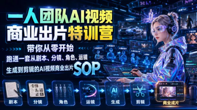 一人团队AI视频商业出片实战课：带你从零开始跑通一套从剧本、分镜、角色、运镜、生成到剪辑的AI视频商业出片SOP-云析科技