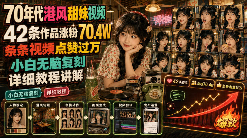 70年代港风甜妹视频，42条作品涨粉70.4W，条条视频点赞过万，小白无脑复刻，详细教程讲解-云析科技