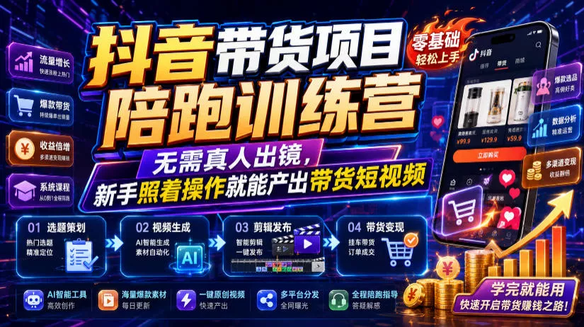 抖音带货项目陪跑训练营，无需真人出镜，新手照着操作就能产出带货短视频-云析科技