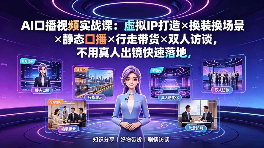 AI口播视频实战课：虚拟IP打造×换装换场景×静态口播×行走带货×双人访谈，不用真人出镜快速落地-云析科技