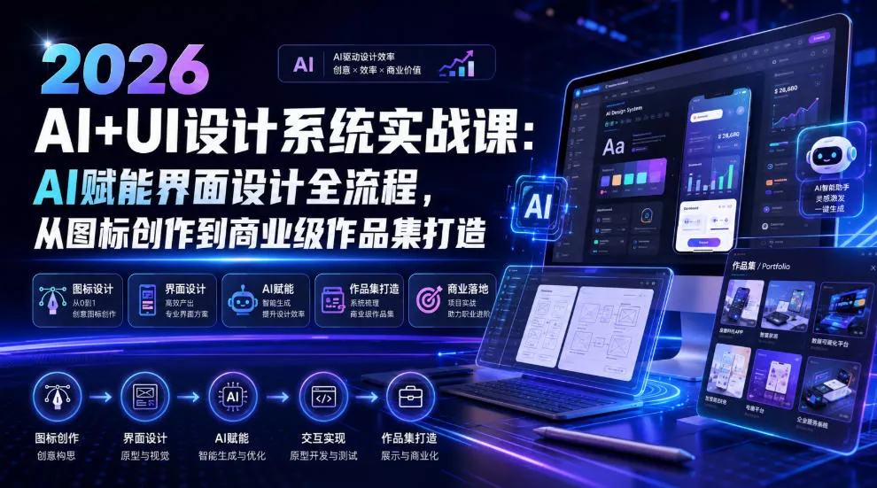 2026 AI+UI设计系统实战课：AI赋能界面设计全流程，从图标创作到商业级作品集打造-云析科技