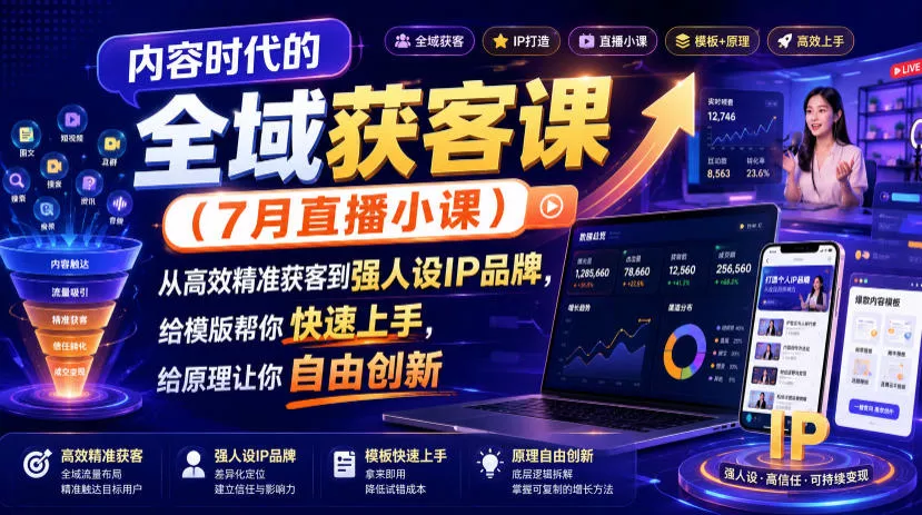 内容时代的全域获客课(7月直播小课)，从高效精准获客到强人设IP品牌，给模版帮你快速上手，给原理让你自由创新-云析科技